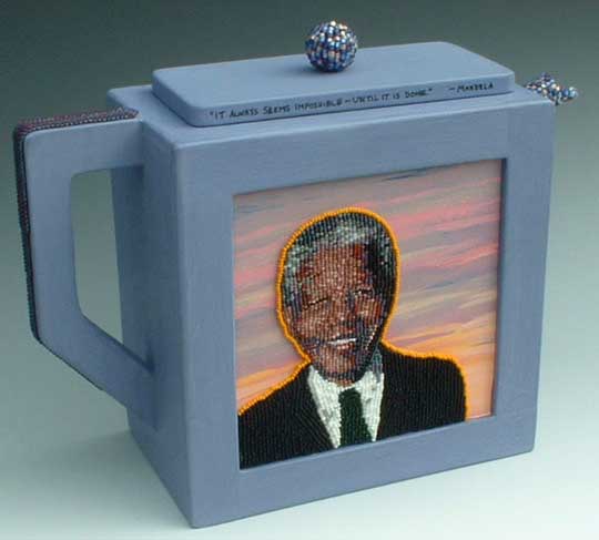 Bead Art Tea Pot with portrait of Nelson Mandela  by Virginia Brubaker